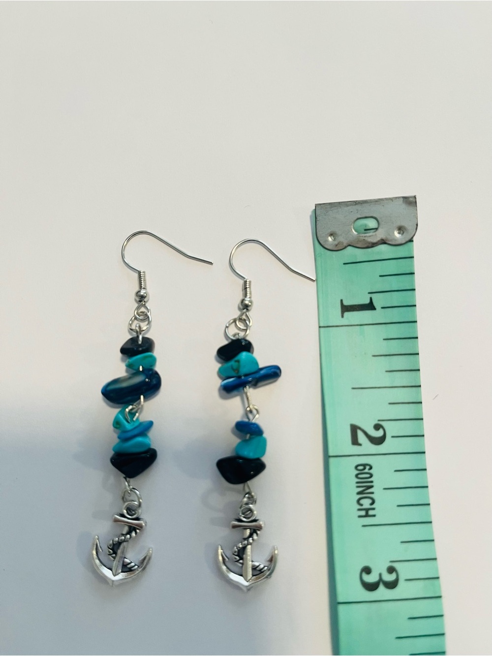 Nautical Anchor Dangle Earrings Turquoise Navy Silver Handmade - Picture 3 of 3